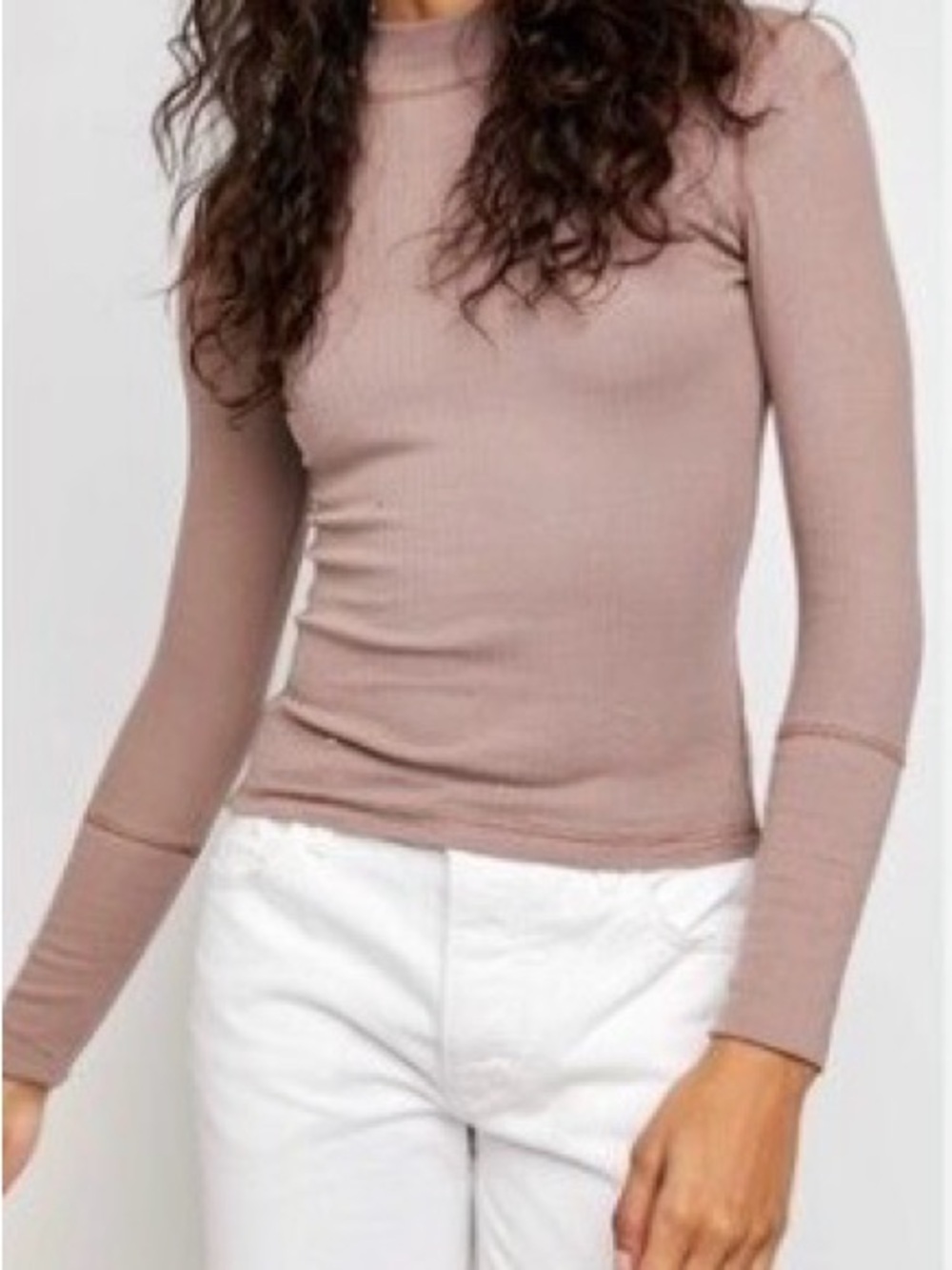 Free People Long Sleeve Ribbed Mock Neck Top Fitted Taupe Sz XL